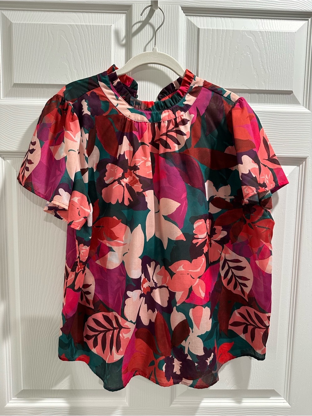THML Women's Floral Ruffled Neck Blouse - Pink, Red & Green